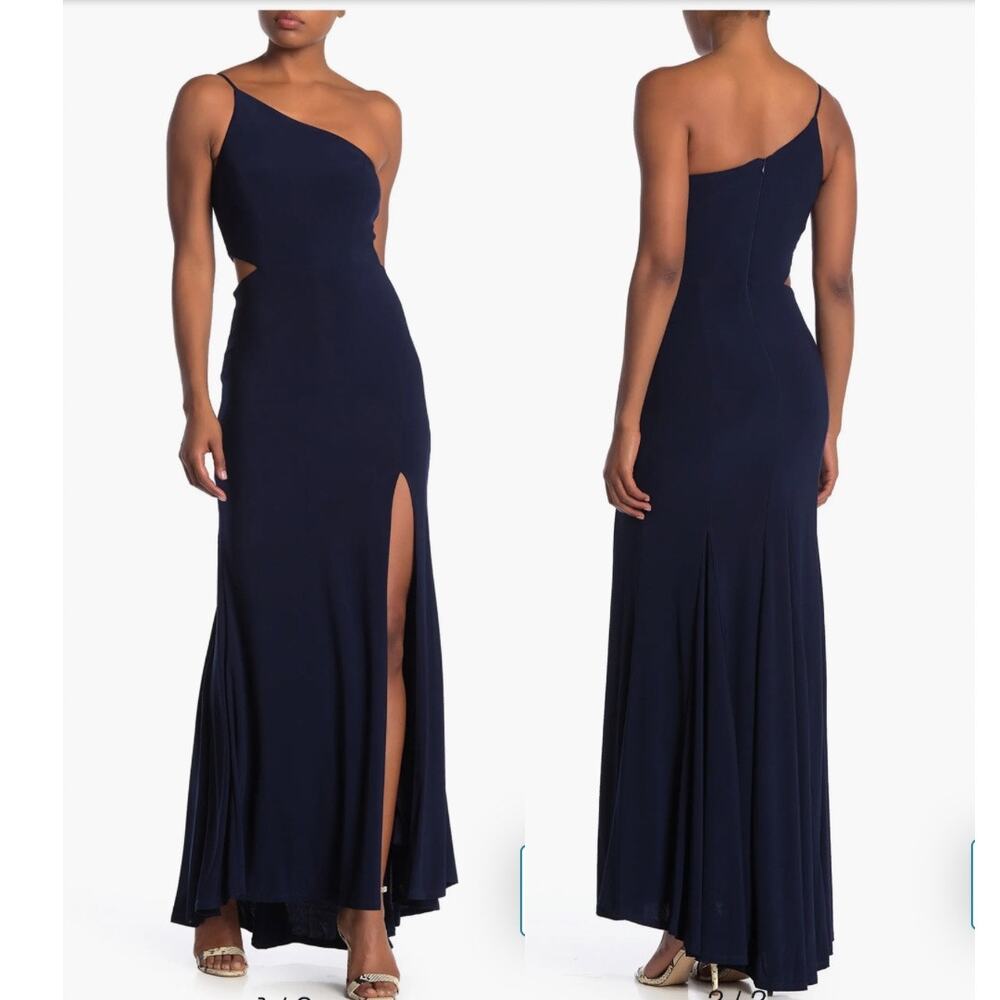 Jump Navy Blue One Shoulder Side Cut Out Stretch Jersey Maxi Gown Womens 1 / 2